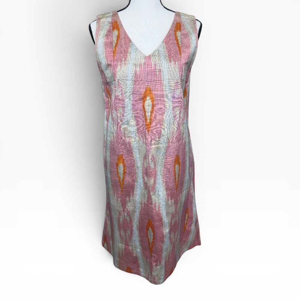 Bibi Hanum Silk Blend Ikat Shift Dress Small Pink Artisan Sleeveless A-Line $389